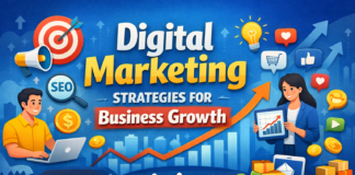 Digital marketing strategies showing SEO, online ads, social media, and business growth