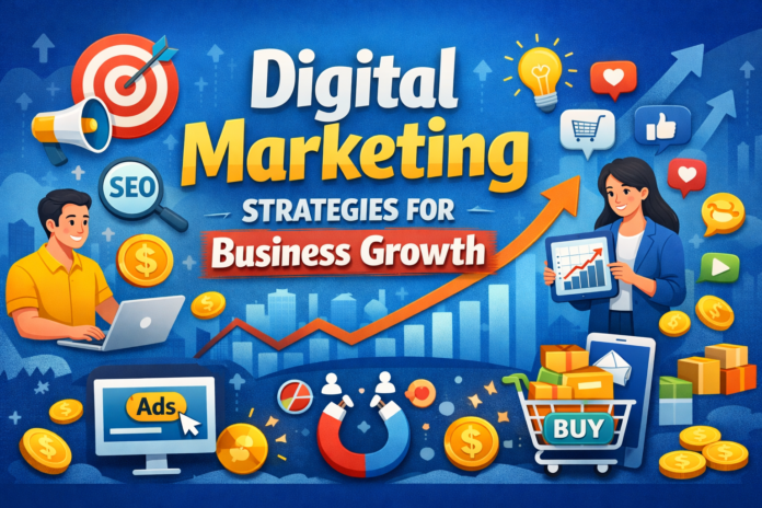 Digital marketing strategies showing SEO, online ads, social media, and business growth