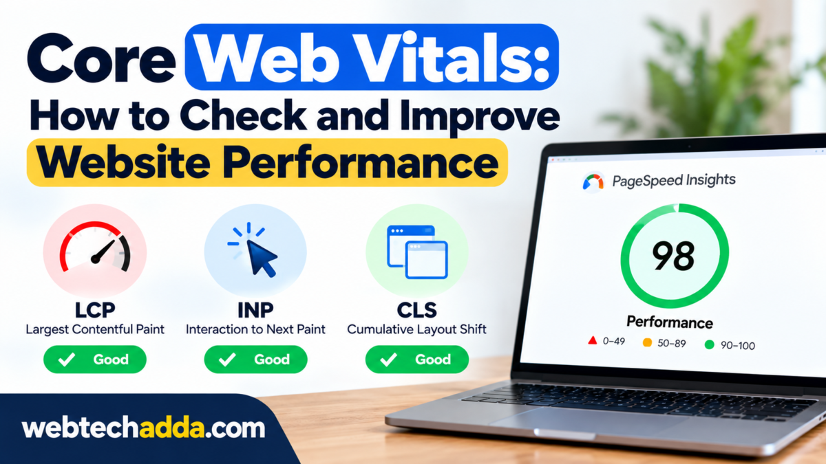 Core Web Vitals showing LCP, INP and CLS metrics for improving website performance