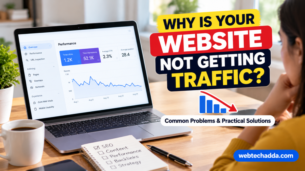 Why is your website not getting traffic? A laptop displaying website analytics with SEO performance charts and practical traffic improvement tips.